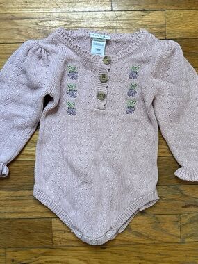 Nicole Miller Pink Knit Floral-Embroidered Long Sleeve Bodysuit